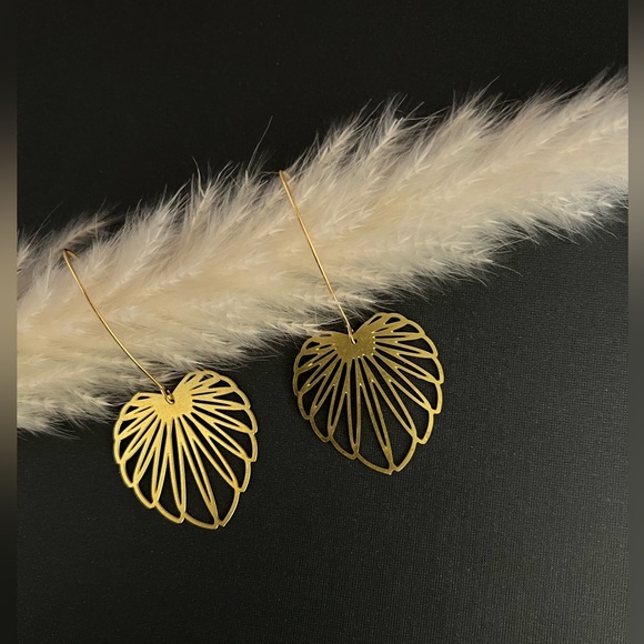 Gold Delicate Leaf Earrings - Long Minimalist Brass Earrings - Picture 3 of 11